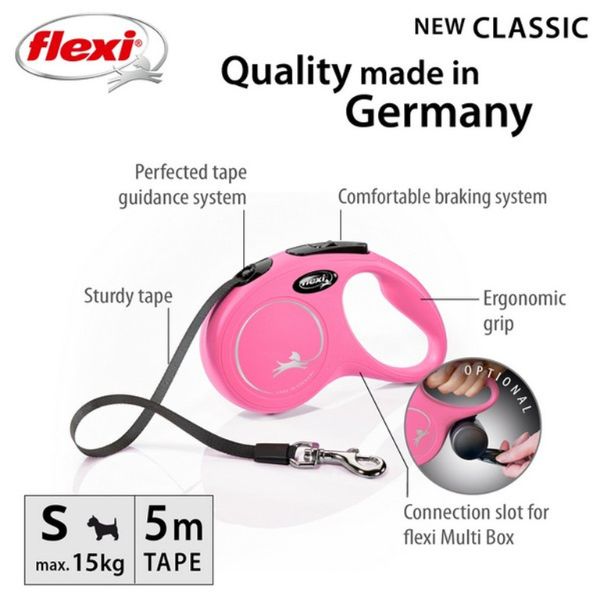 Flexi New Classic Pink Tape Dog Lead (5m)