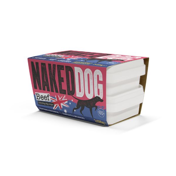 Box of Naked Dog beef and kangaroo raw dog food on a white background