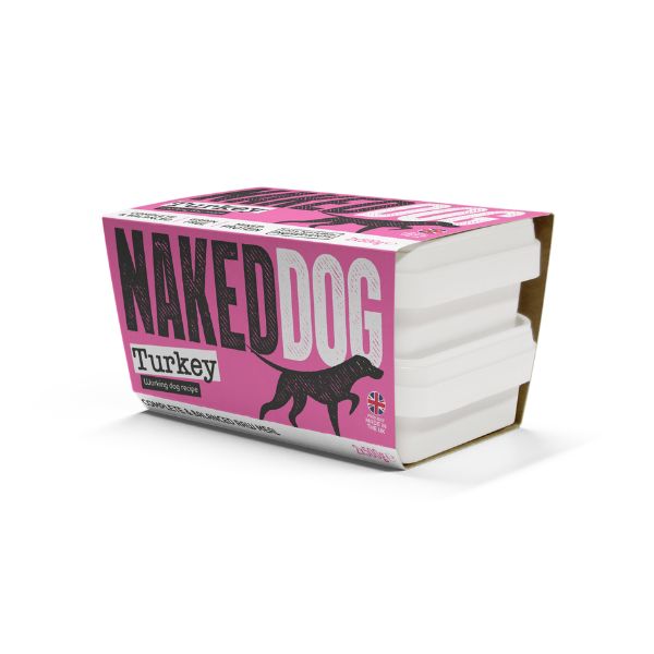 Box of Naked Dog raw Turkey dog food on a white background