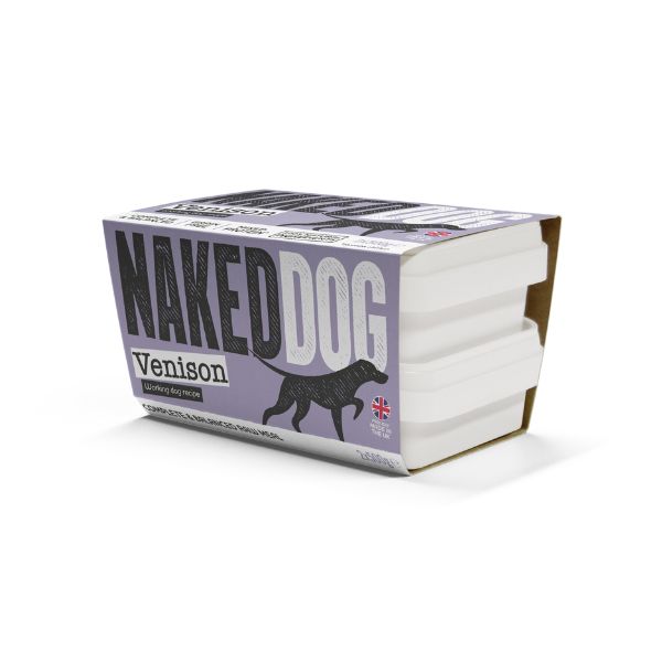 Box of Naked Dog Venison raw on a white background