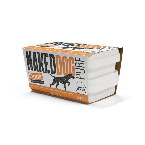 Naked Dog Duck pure dog food packaging on a white background