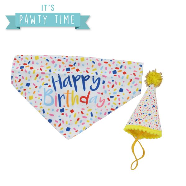 Ancol Pawty Time Hat &amp; Bandana - White &amp; Yellow