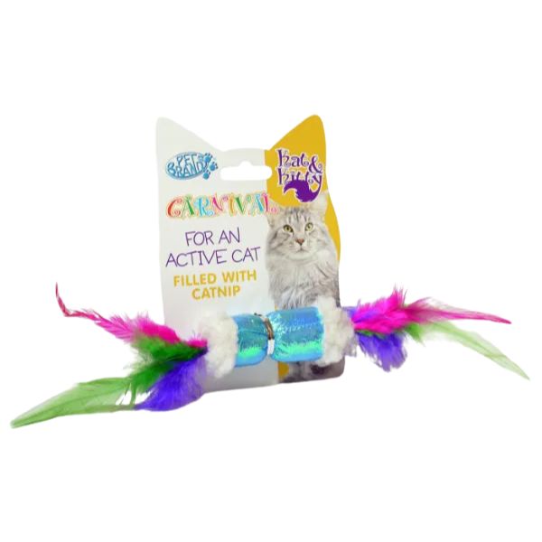 Blue Crinkle Plush Cat Toy with Multi Coloured Feathers