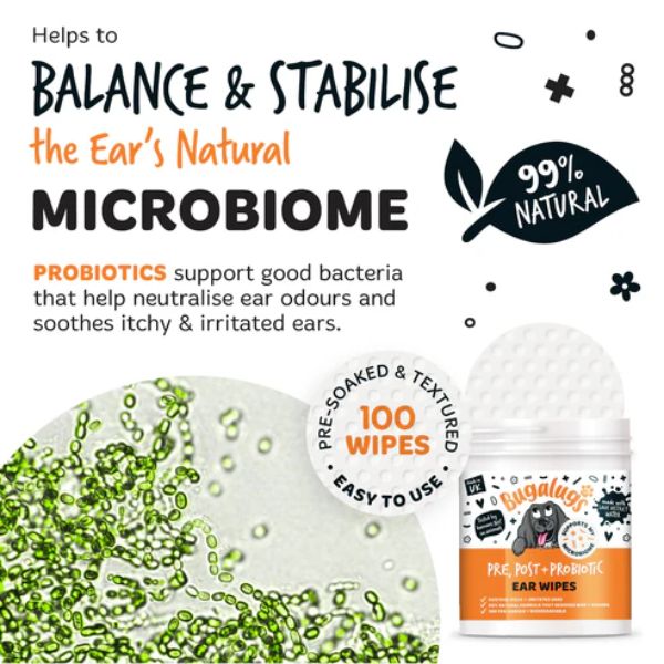 Bugalugs Pre, Post + Probiotic Ear Wipes for Dogs