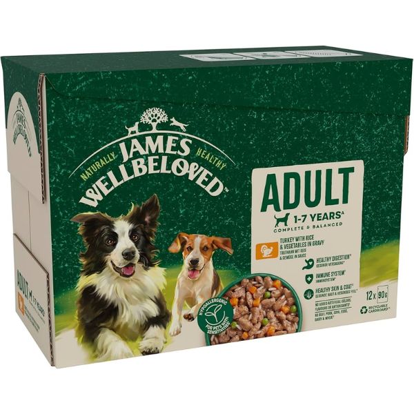 James Wellbeloved Adult Turkey &amp; Rice Wet Dog Food Pouches (12x90G)