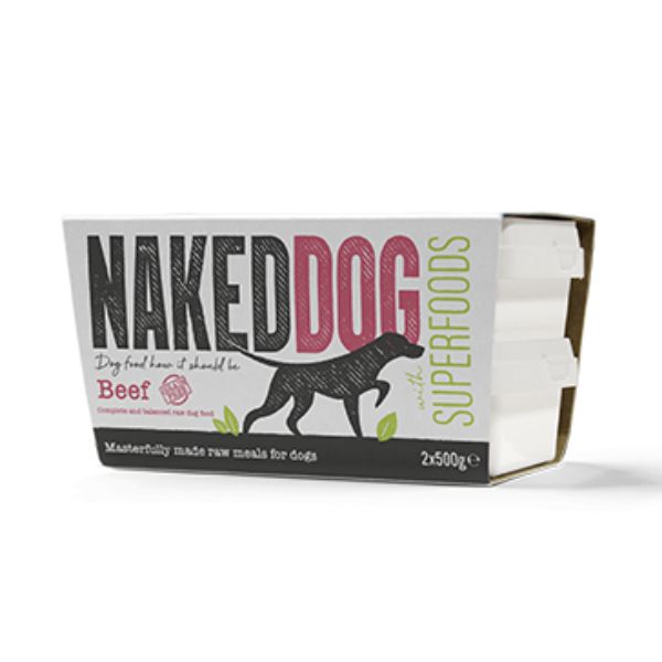 Naked Dog Superfoods packaging with beef flavor on a white background