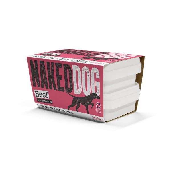 Naked Dog beef dog food packaging on a white background