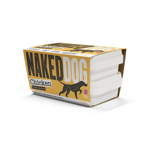 Box of Naked Dog chicken raw dog food on a white background