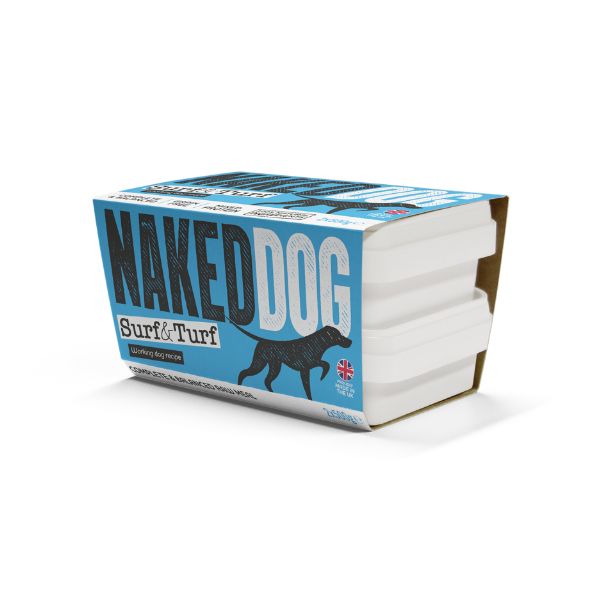Box of Naked Dog Surf &amp; Turf raw on a white background