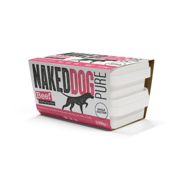 Box of Naked Dog Pure Beef dog food on a white background