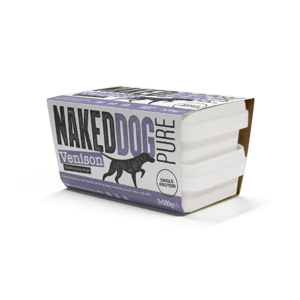 Naked Dog Venison pure dog food packaging on a white background
